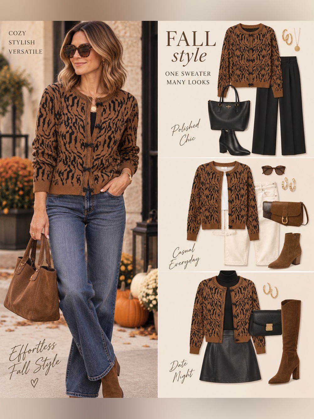 Griege Women’s Brown & Black Patterned Cardigan Sweater with bow buttons/snaps